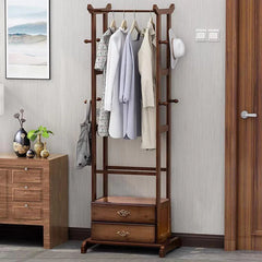 Tall Bamboo Entryway Rack – Modern Clothes Hanging Stand With 2-Drawer Base