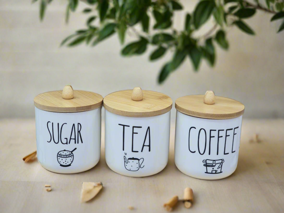 3-Piece Ceramic Jar with Bamboo Lid Tea Coffee Sugar