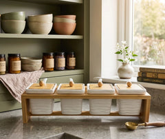 4 Pcs Square Ceramic Spice Jar Set with Bamboo Lids & Serving Spoons