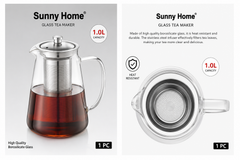 1L Premium Borosilicate Glass Tea Maker with Stainless Steel Infuser | Heat Resistant Teapot