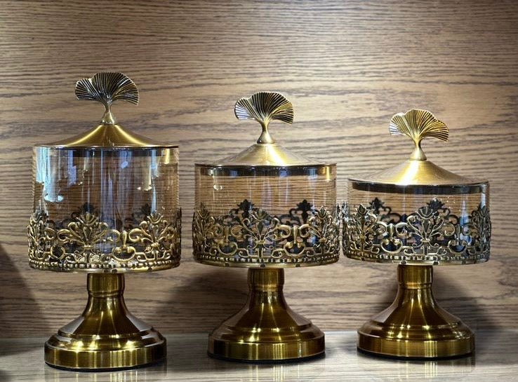 Elegant Gold-Finished Decorative Glass Jar Set – 3-Piece Set