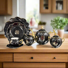 Modern Ceramic Floral Tea Set (Black)