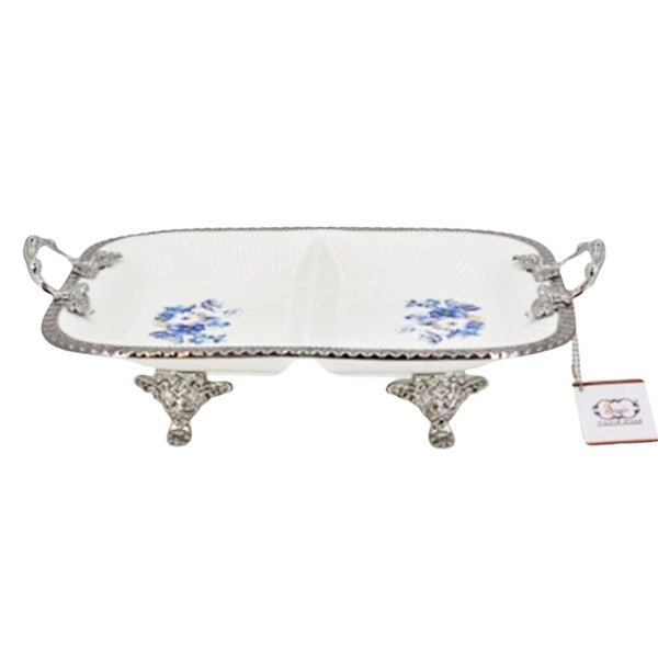 2Section Blue Flower Silver Dish