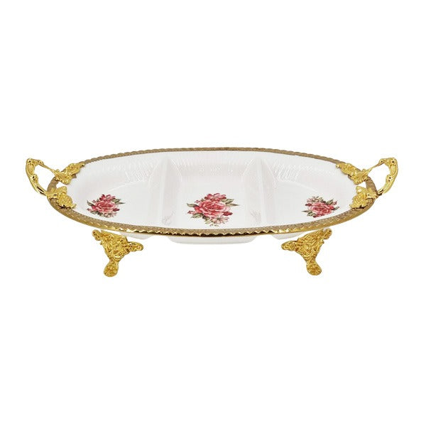 3 Section Rose Print Serving Dish Gold