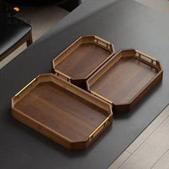 3 Pcs Wooden Tray Set With Golden Handle