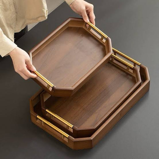 3 Pcs Wooden Tray Set With Golden Handle