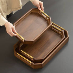 3 Pcs Wooden Tray Set With Golden Handle