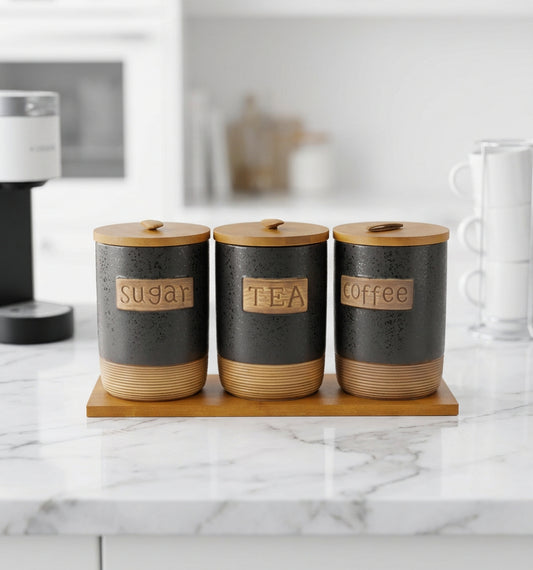 3 Pcs Ceramic Jar Set With Tray