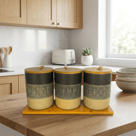 3 Pcs Ceramic Jar Set With Tray