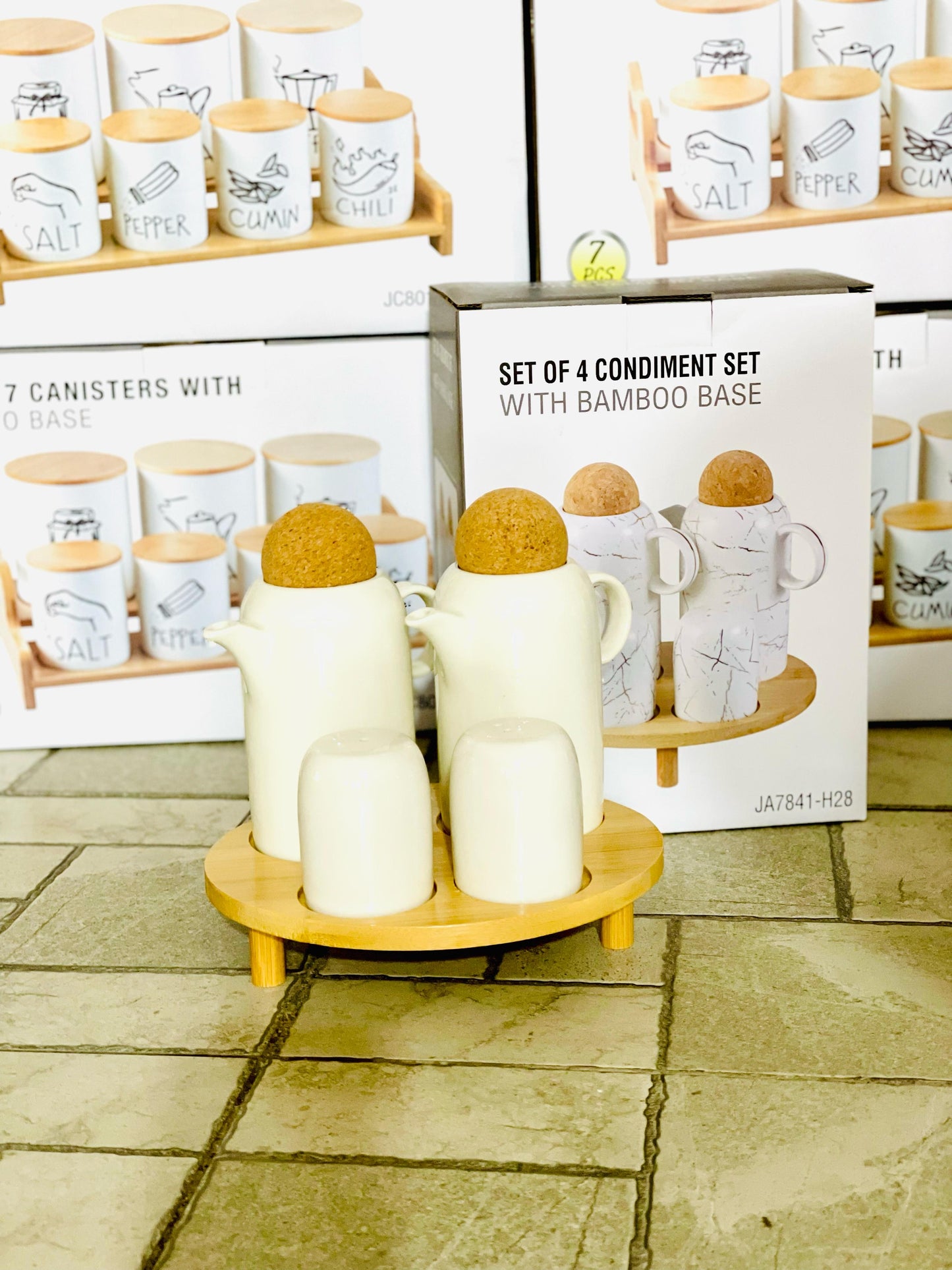 Set Of 4 Condiment Set With Bamboo Base