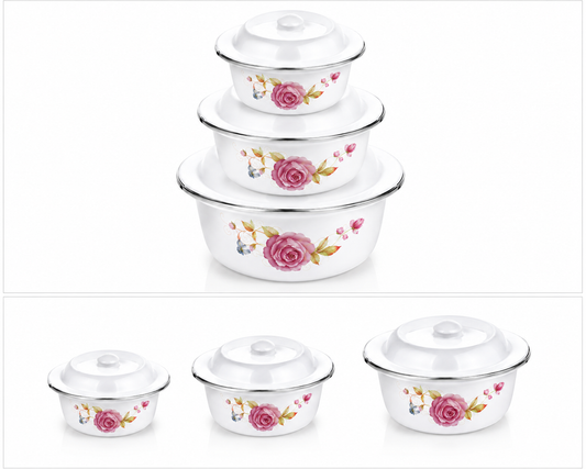 Premium 3-Piece Enamel Casserole Set with Lids | Floral Design | Food Storage & Serving Bowls | Durable Kitchen Cookware