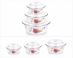 Premium 3-Piece Enamel Casserole Set with Lids | Floral Design | Food Storage & Serving Bowls | Durable Kitchen Cookware
