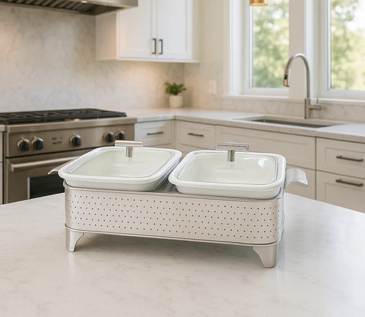 Double Rectangular Chafing Dish - Stainless Steel Buffet Warmer With Lids | Luxury Tabletop Server
