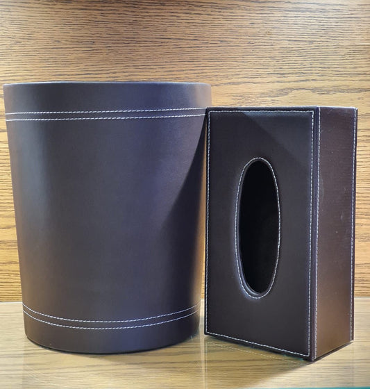 Leather Tissue Box & Dustbin Set