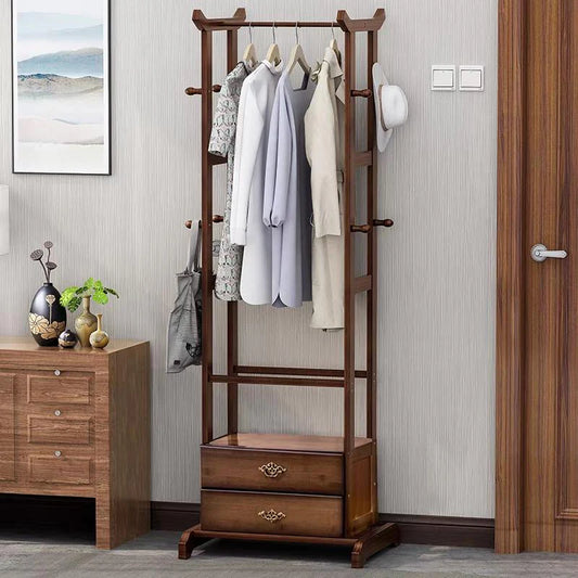 Tall Bamboo Entryway Rack – Modern Clothes Hanging Stand With 2-Drawer Base