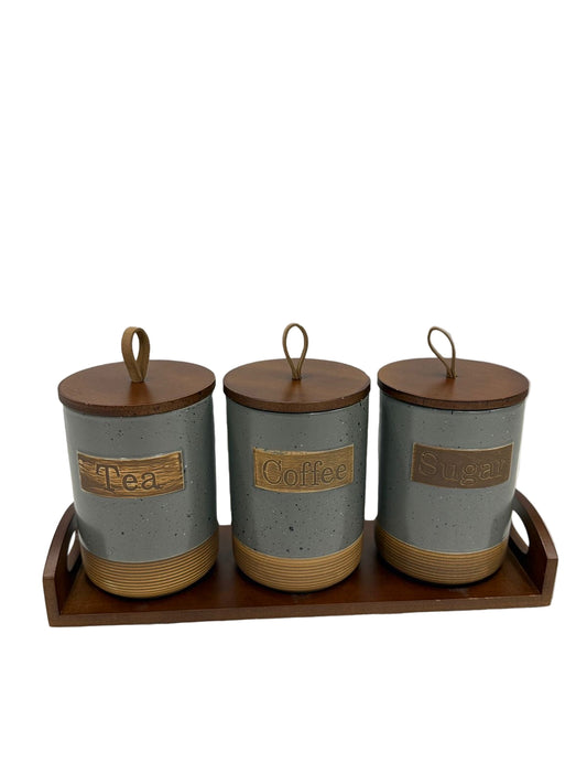 Ceramic Vintage Canisters Set With Wooden Stand Tray