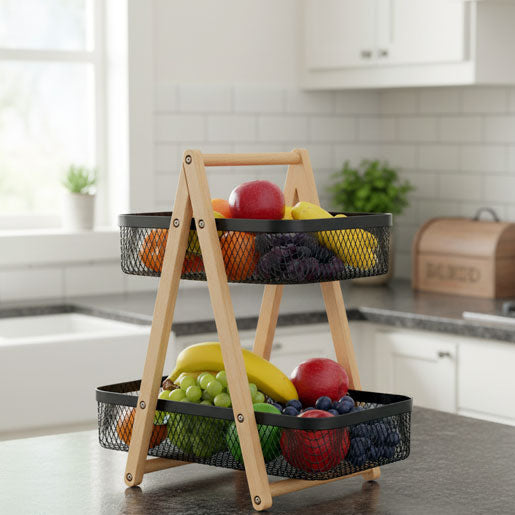 Premium Collapsible 2-Tier Mesh Storage Basket with Wood Frame