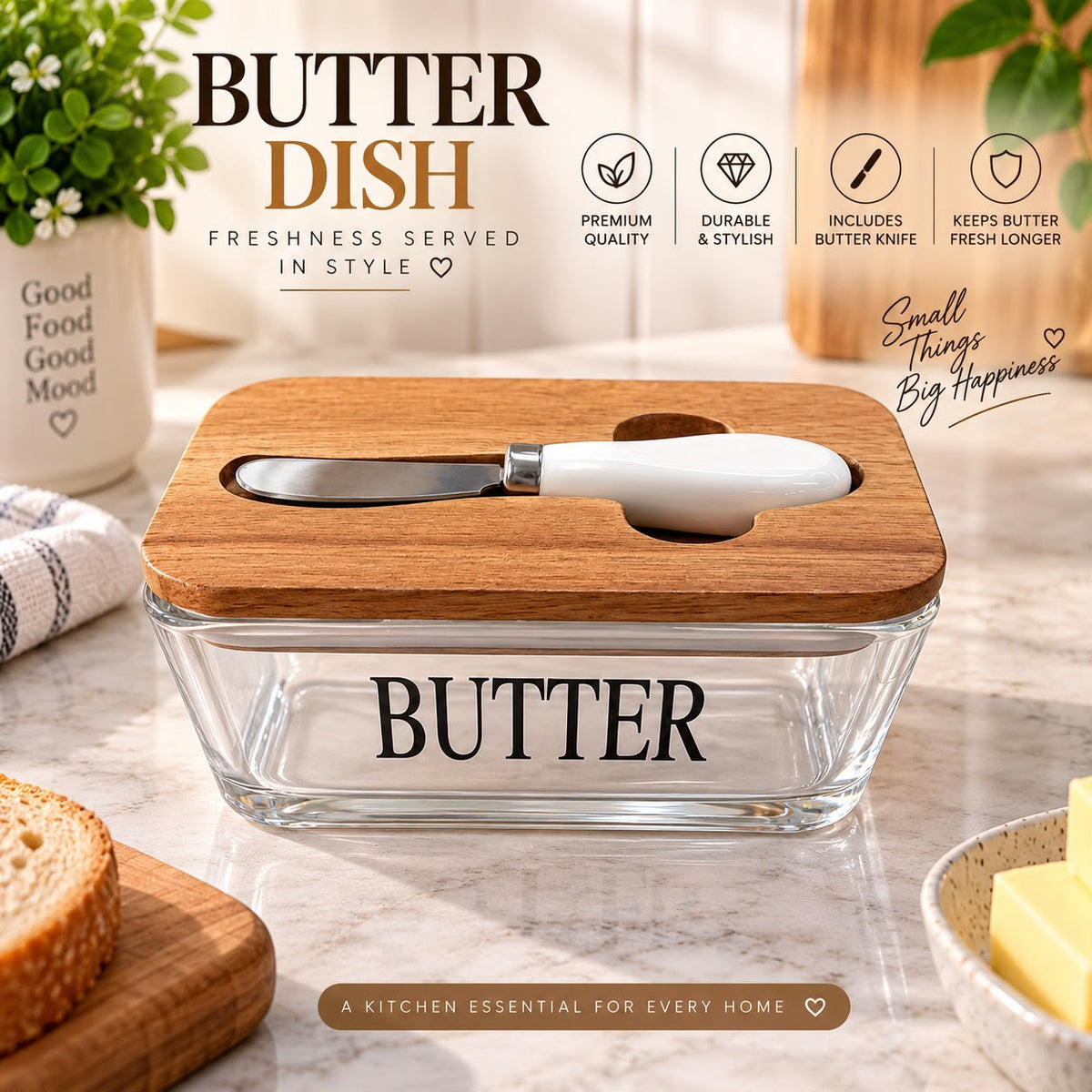 Clear Glass Butter Dish Airtight