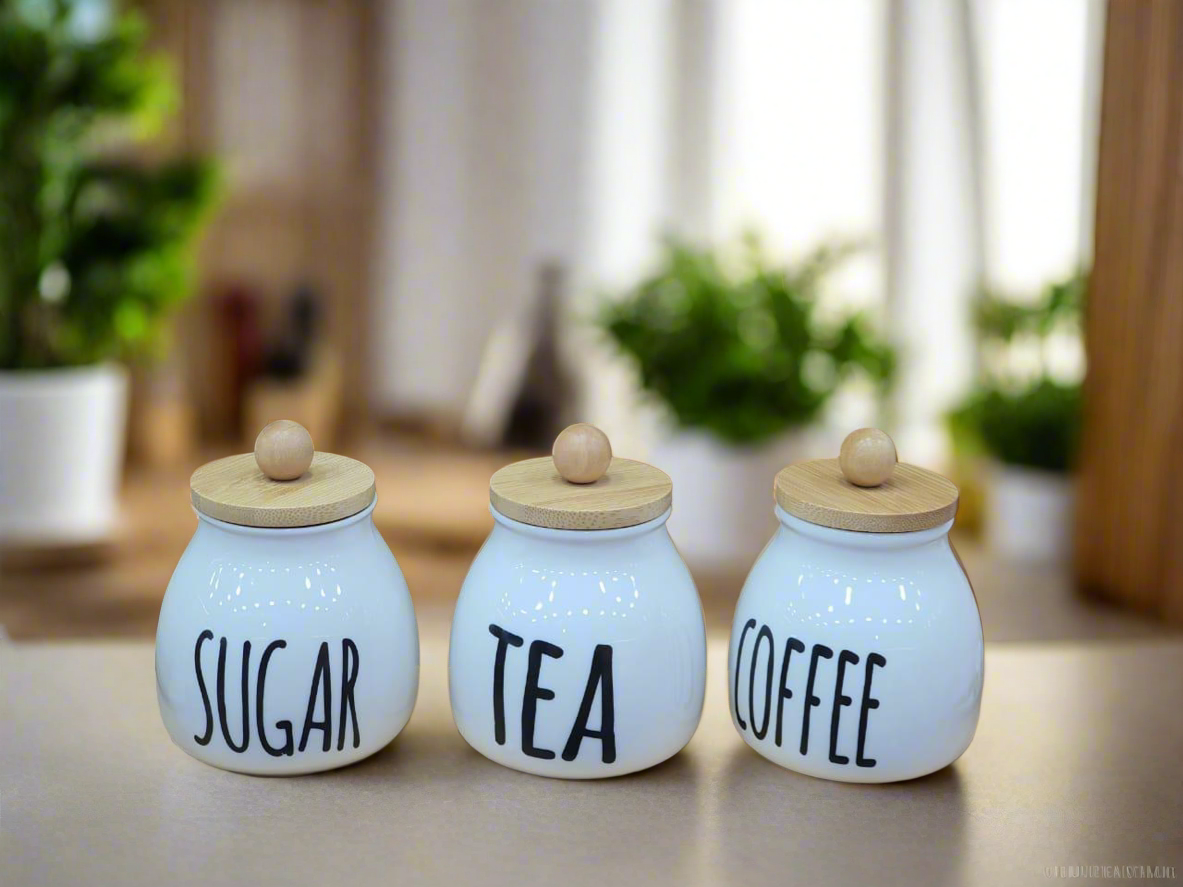 3-Piece Ceramic Jar with Bamboo Lid Tea Coffee Sugar
