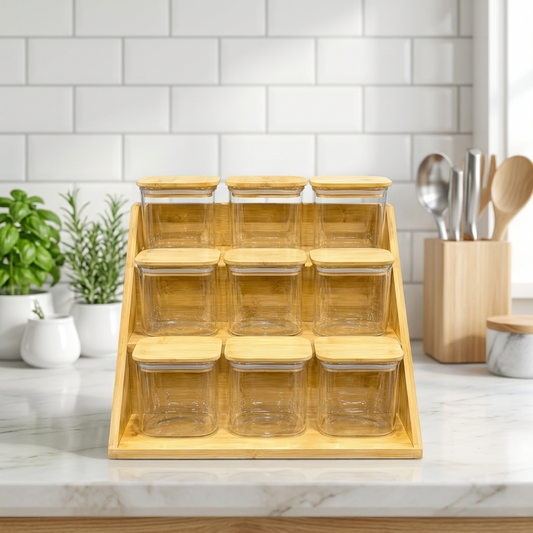 Masala Organizer Shelf Stairs With 9 Jars Square