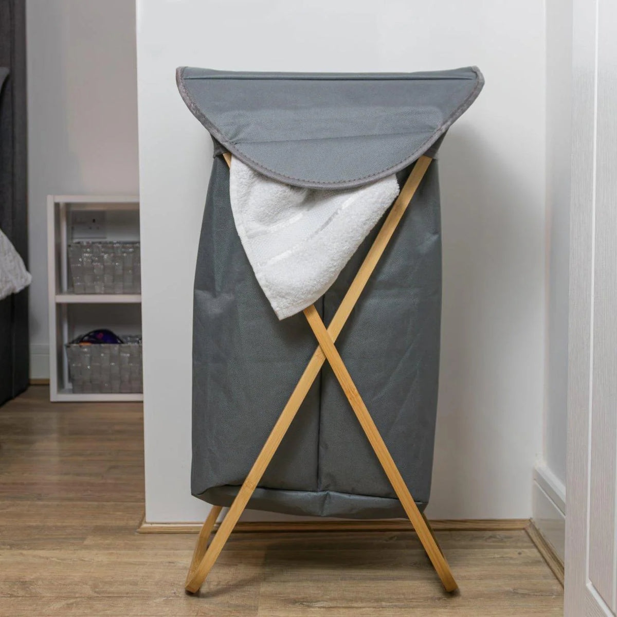 Bamboo Laundry Hamper Foldable Fabric Basket With Lid