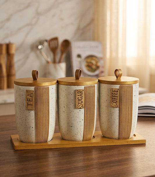 3 Pcs Ceramic Jar Set With Tray