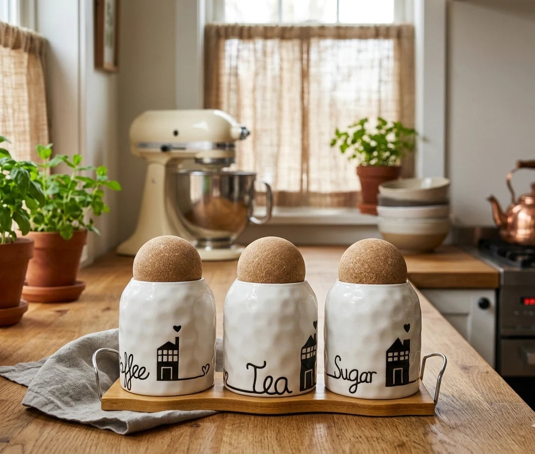 3 Pcs White Textured Ceramic Kitchen Storage Jars Set