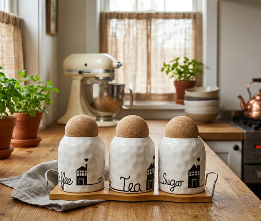 3 Pcs White Textured Ceramic Kitchen Storage Jars Set