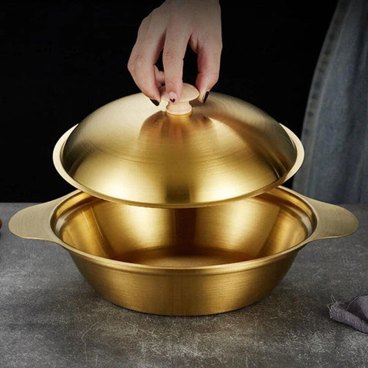 Golden Serving Bowl With Wooden Knob