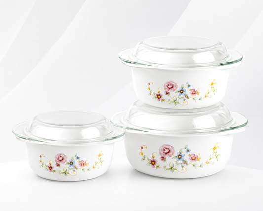 Premium 3-Piece Enamel Casserole Set with Lids | Floral Design | Food Storage & Serving Bowls | Durable Kitchen Cookware