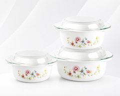 Premium 3-Piece Enamel Casserole Set with Lids | Floral Design | Food Storage & Serving Bowls | Durable Kitchen Cookware