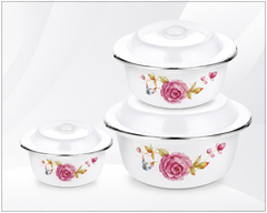 Premium 3-Piece Enamel Casserole Set with Lids | Floral Design | Food Storage & Serving Bowls | Durable Kitchen Cookware