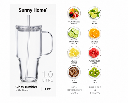1L Premium Borosilicate Glass Tumbler with Straw & Handle | Reusable Glass Cup with Lid