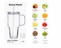 1L Premium Borosilicate Glass Tumbler with Straw & Handle | Reusable Glass Cup with Lid