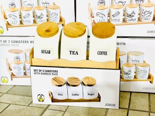 Set Of 3 Canisters With Bamboo Base Tray