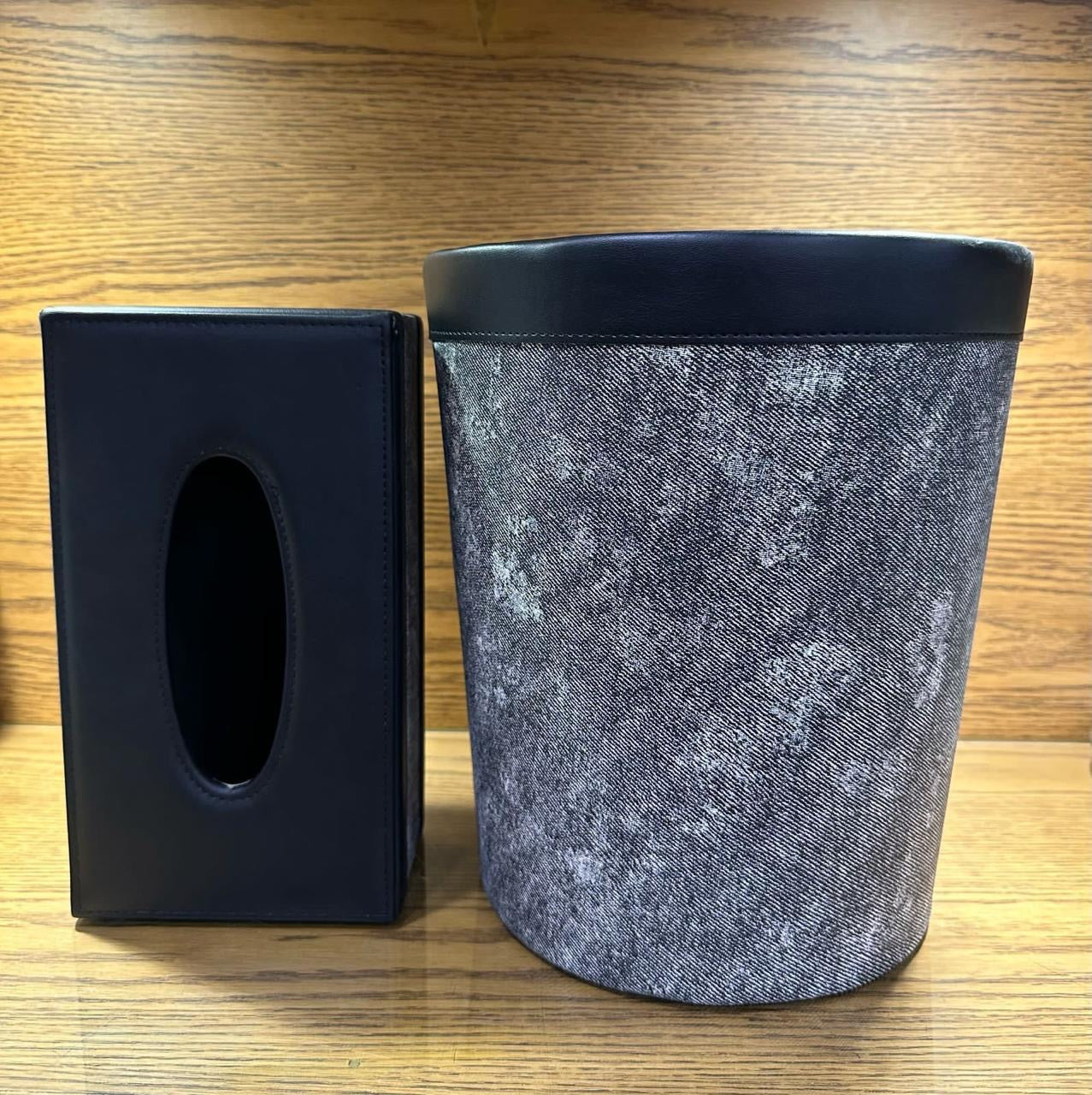 Leather Tissue Box & Dustbin Set
