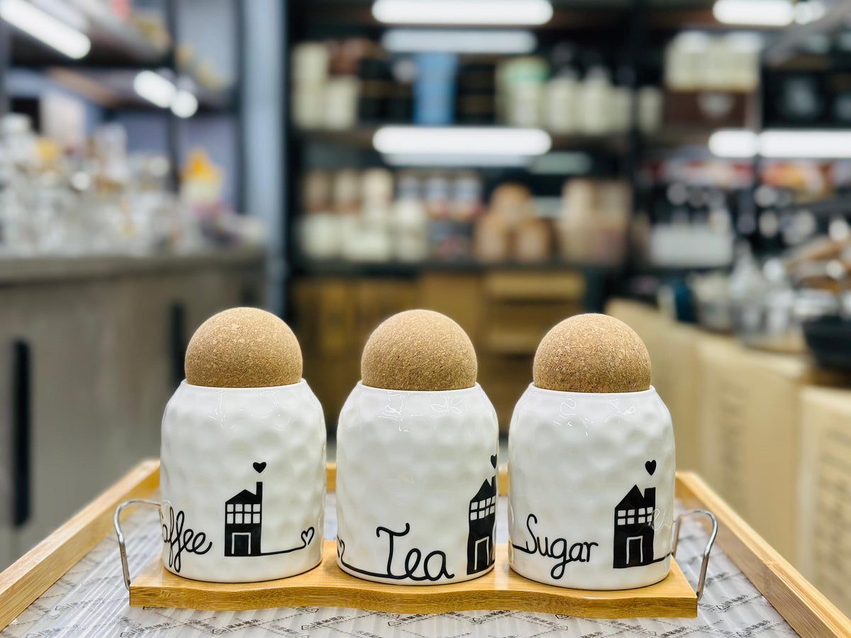 Ceramic 3pcs Tea, Coffee And Sugar Jar Set With Stand