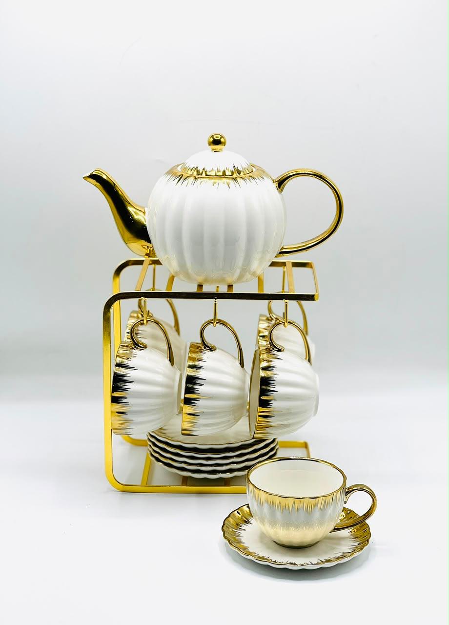 Royal Ceramic Tea Set with Gold Stand
