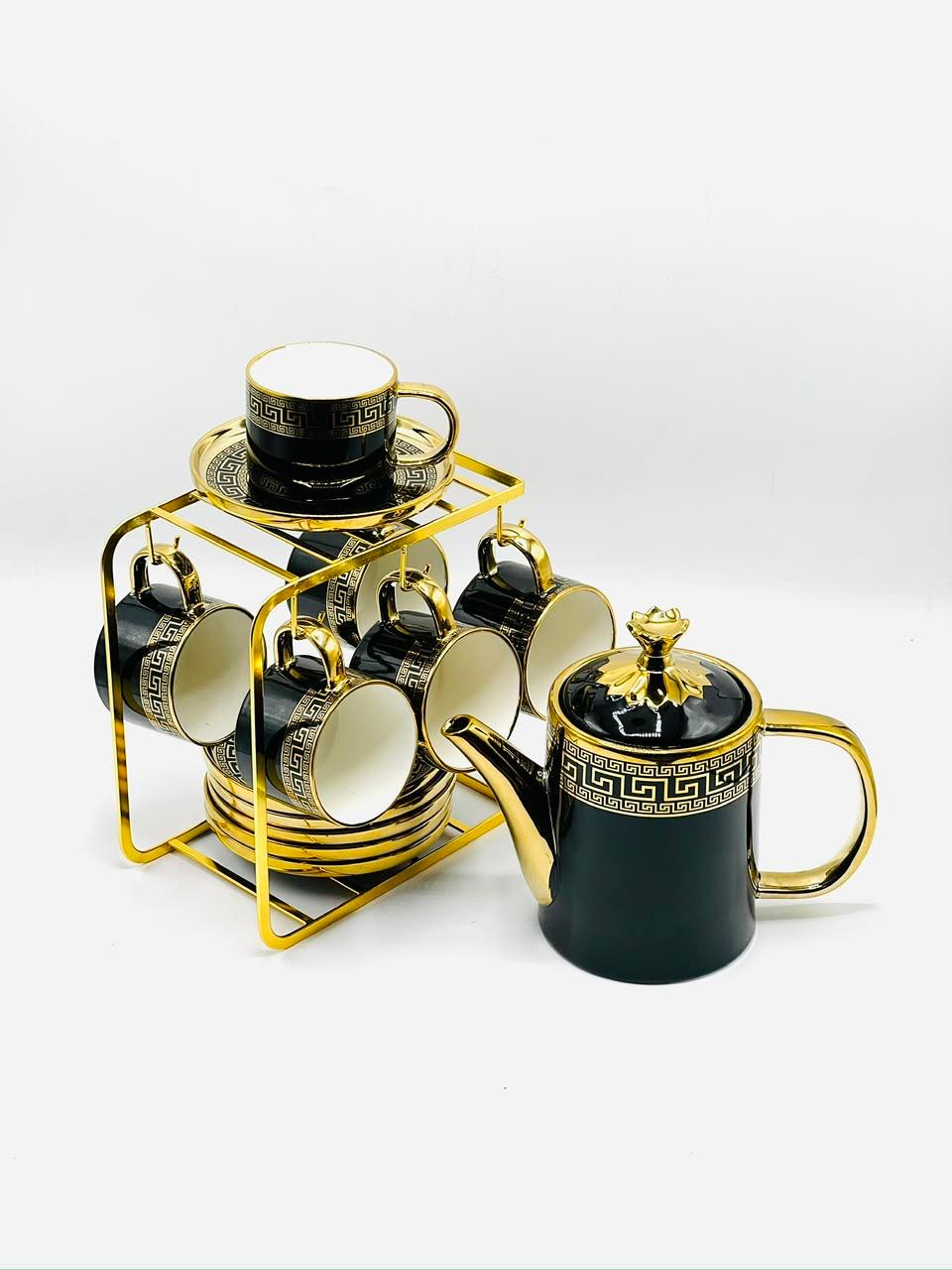 Greek Ceramic Tea Set with Gold Stand
