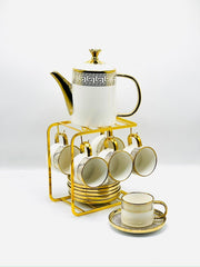 Greek Ceramic Tea Set with Gold Stand
