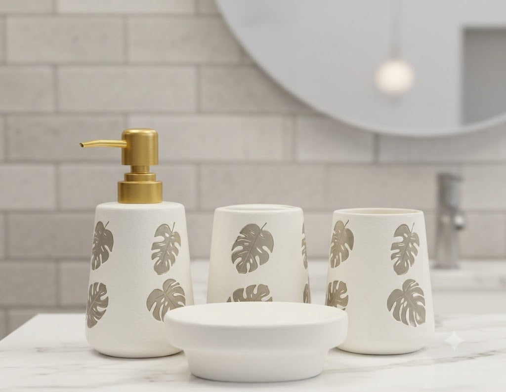 Brilliant 4Pcs Bathroom Set Leaf White
