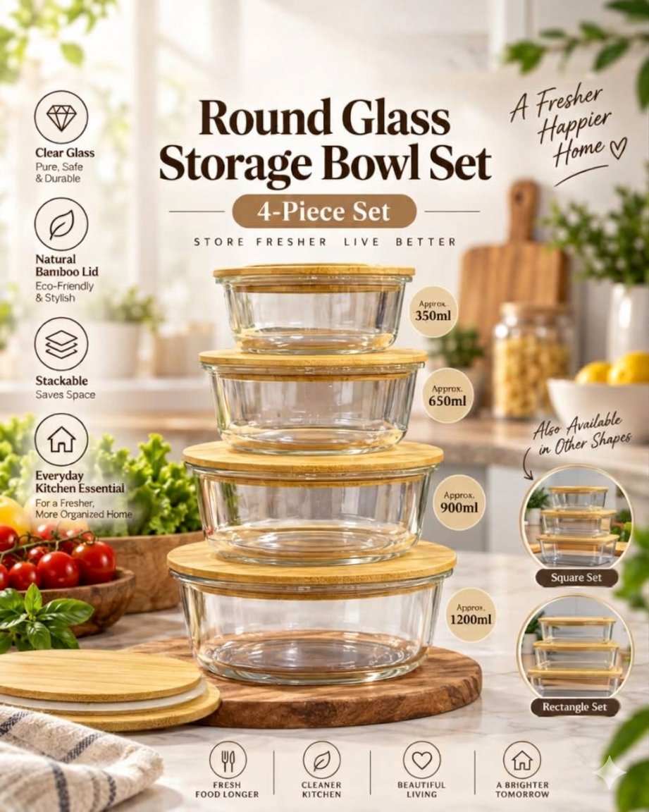 Food Storage Box With Wooden Lid 4 Pcs Set