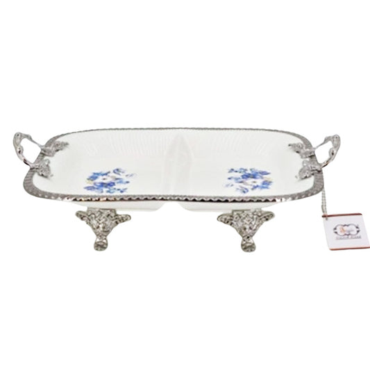 2Section Blue Flower Silver Dish