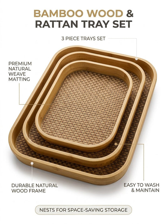 Bamboo Wooden Trays 3 Pcs Set