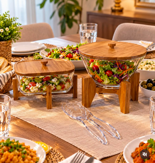 Salad Serving Bowl Set With Wooden Stand And Clear Spoon&Fork