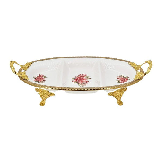 3 Section Rose Print Serving Dish Gold