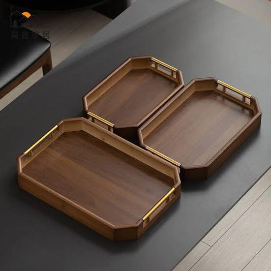 3 Pcs Wooden Tray Set With Golden Handle