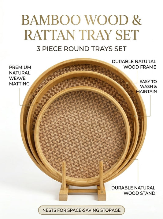 Bamboo Wooden Trays 3 Pcs Set