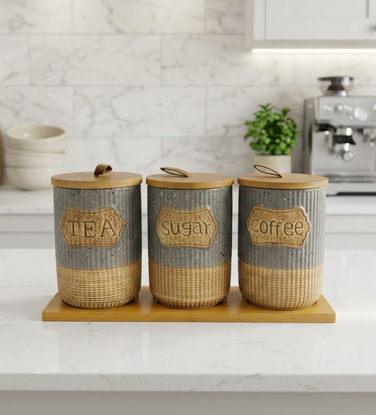 3 Pcs Ceramic Jar Set With Tray