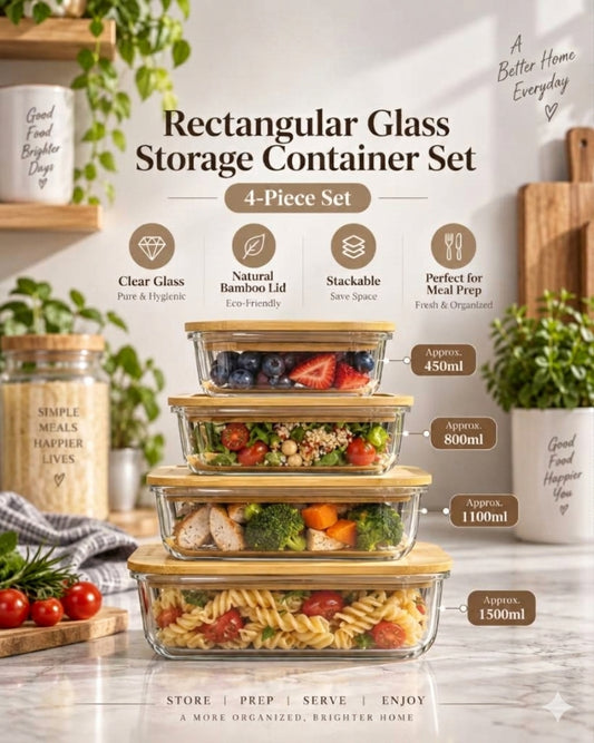 Food Storage Box With Wooden Lid 4 Pcs Set